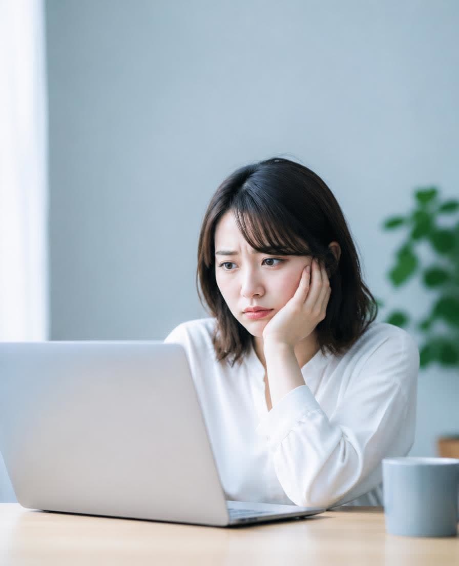 パソコンの前で、投稿の手が止まっている人